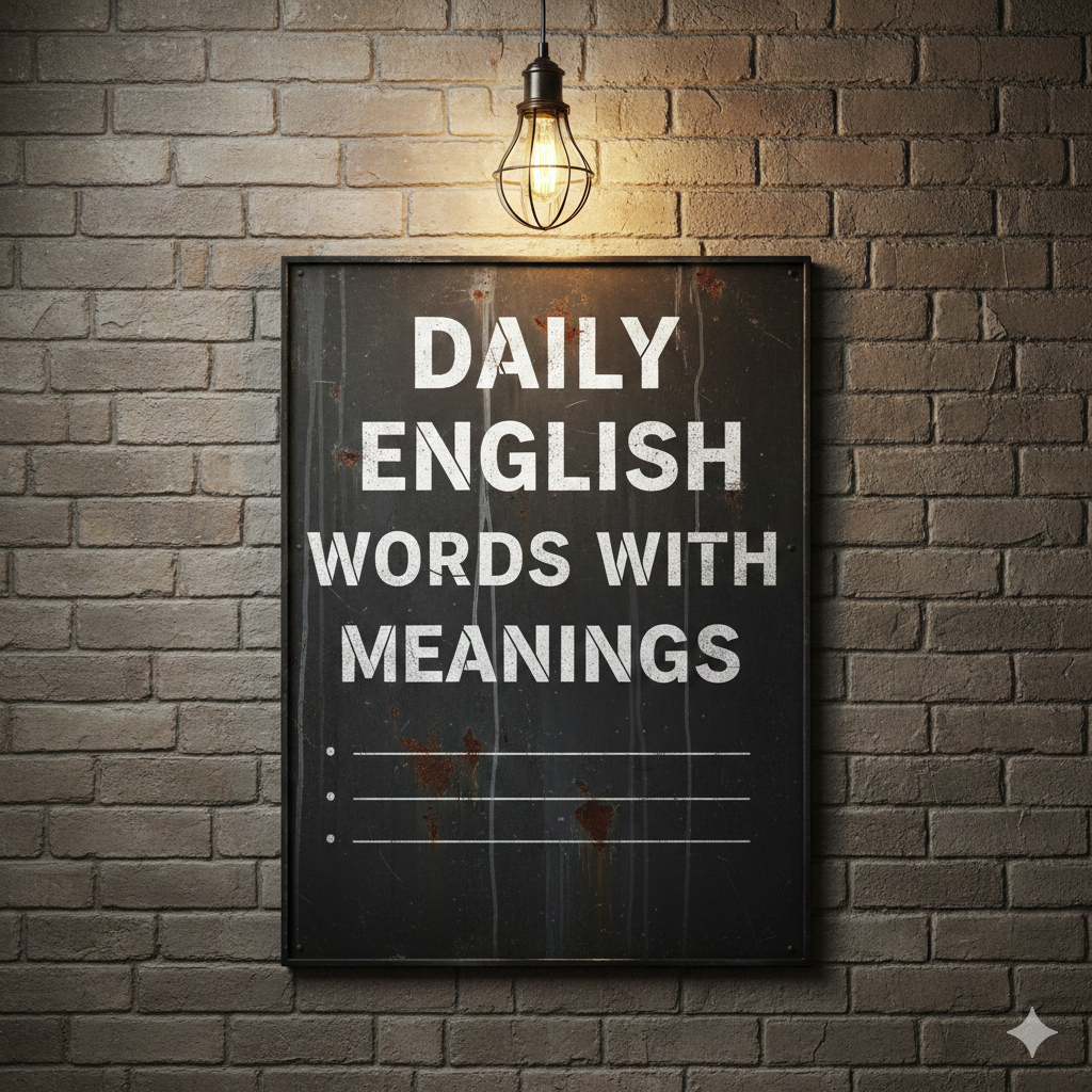 A dark zinc-textured poster on a brick wall featuring the bold white text "Daily English Words with Meanings" under a warm hanging light.
